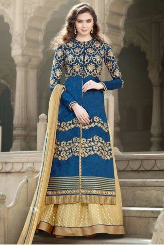 Blue & Beige Embroidered Lehenga Indian Wedding Dress
