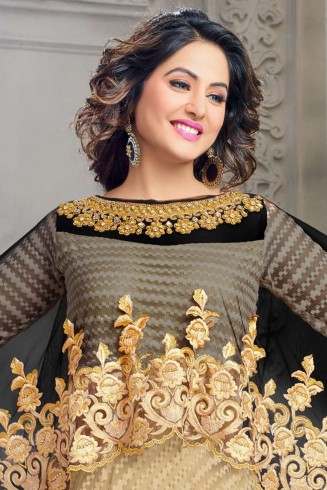 85008 Heenari Beige & Black Embroidered Semi Stitched Suit