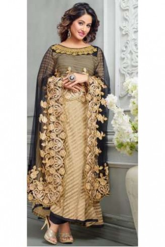 85008 Heenari Beige & Black Embroidered Semi Stitched Suit