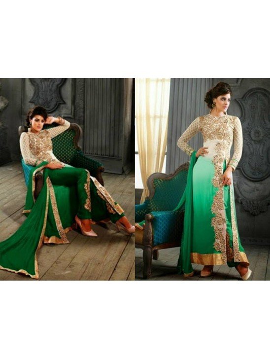 5001-B WHITE AND GREEN KESARI ARYAA GEORGETTE PARTY WEAR SUIT