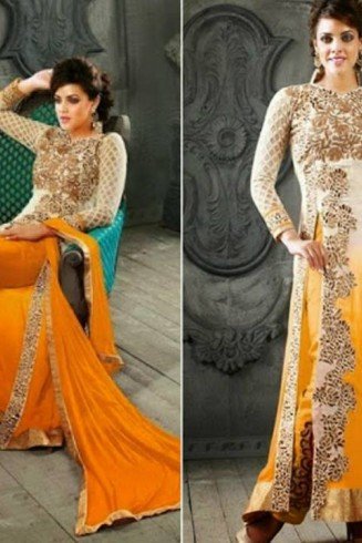5001-E WHITE AND YELLOW KESARI ARYAA GEORGETTE PARTY WEAR SUIT