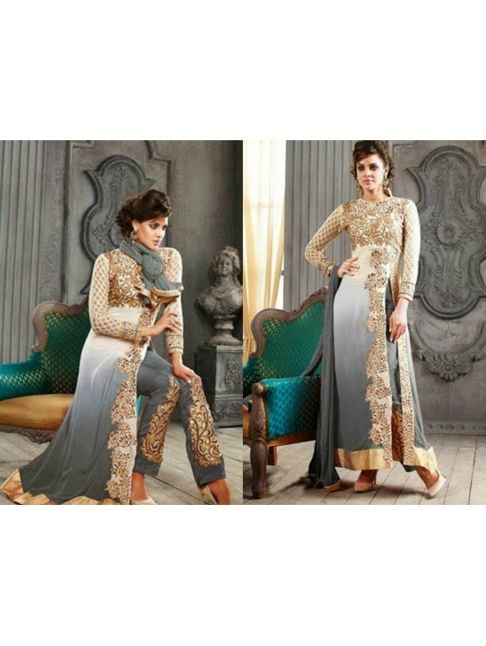 5001-G WHITE AND LILAC GRAY KESARI ARYAA GEORGETTE PARTY WEAR SUIT