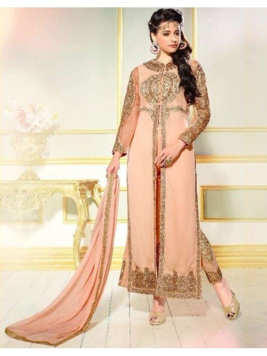 L19003 PEACH ECHO LAVINA HEAVY EMBRIODERD DESIGNER DRESS