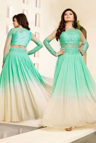 86004 AQUAGREEN AND BEIGE NITYA NET AND SHADED GEORGETTE PARTY WEAR DESIGNER SUIT