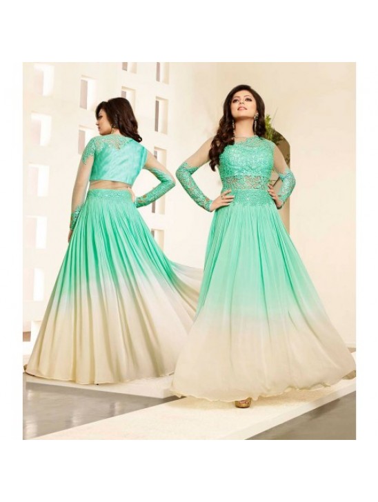 86004 AQUAGREEN AND BEIGE NITYA NET AND SHADED GEORGETTE PARTY WEAR DESIGNER SUIT