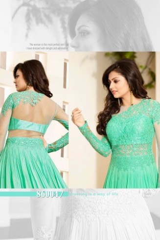 86004 AQUAGREEN AND BEIGE NITYA NET AND SHADED GEORGETTE PARTY WEAR DESIGNER SUIT