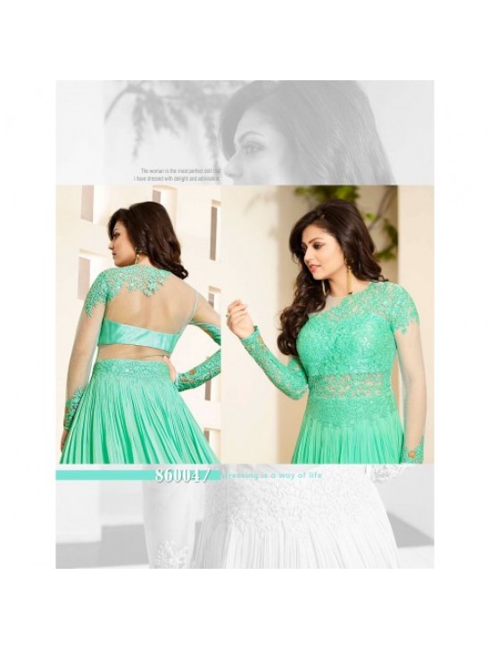 86004 AQUAGREEN AND BEIGE NITYA NET AND SHADED GEORGETTE PARTY WEAR DESIGNER SUIT