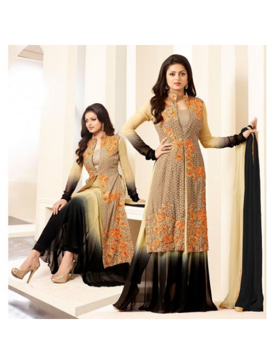 86009 BEIGE AND BLACK NITYA PARTY WEAR DESIGNER SUIT