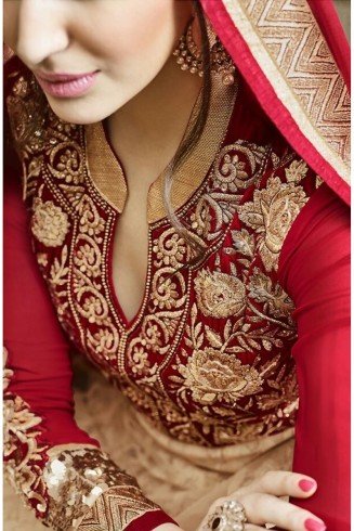 Beige Red Long Dress Hot Lady Designer Gown Anarkali