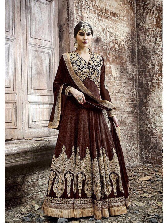 KJ01 DARK BROWN KAJOL EMBROIDERED ANARKALI SUIT