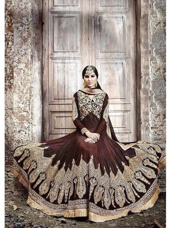 KJ01 DARK BROWN KAJOL EMBROIDERED ANARKALI SUIT
