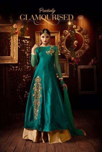 TEAL AND GOLD SILK EMBROIDERED LEHENGA DRESS