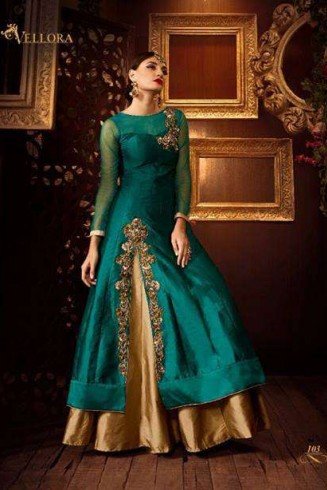 TEAL AND GOLD SILK EMBROIDERED LEHENGA DRESS
