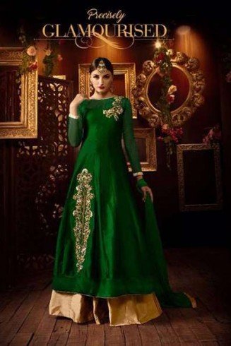 Gold Green Silk Top Wedding Lengha Dress Suit 