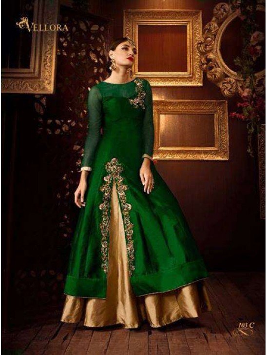 Gold Green Silk Top Wedding Lengha Dress Suit