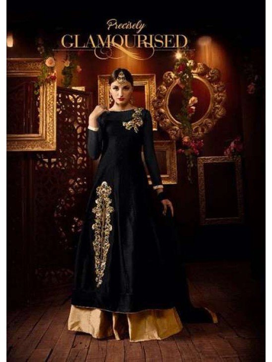 BLACK AND GOLD TAFFETA SILK LEHENGA DRESS