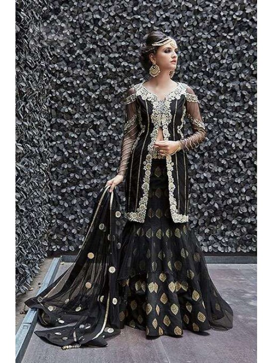 Evening Dress Black Embroidered Lehenga Choli Indian