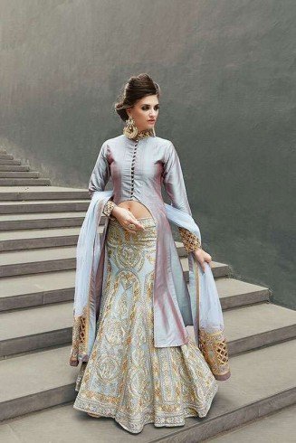 16007 SILVER STEEL ZOYA CRYSTAL WEDDING WEAR LEHENGA