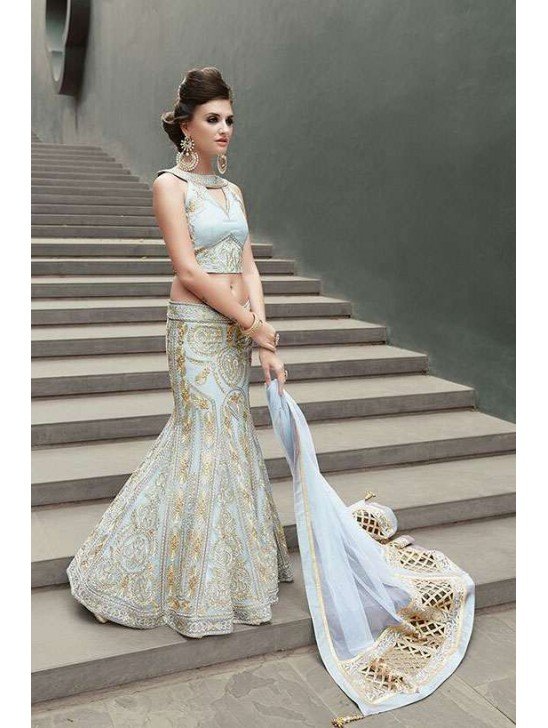 16007 SILVER STEEL ZOYA CRYSTAL WEDDING WEAR LEHENGA